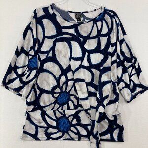 Clara Sun Woo Top size XL Navy White Abstract Floral Stretch Side Tie Elegant